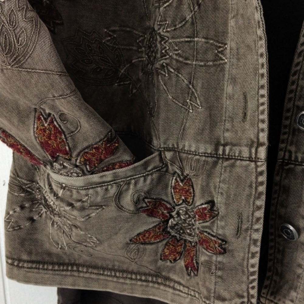 Chico's Brown Embroidered Jean Jacket - Picture 3 of 11